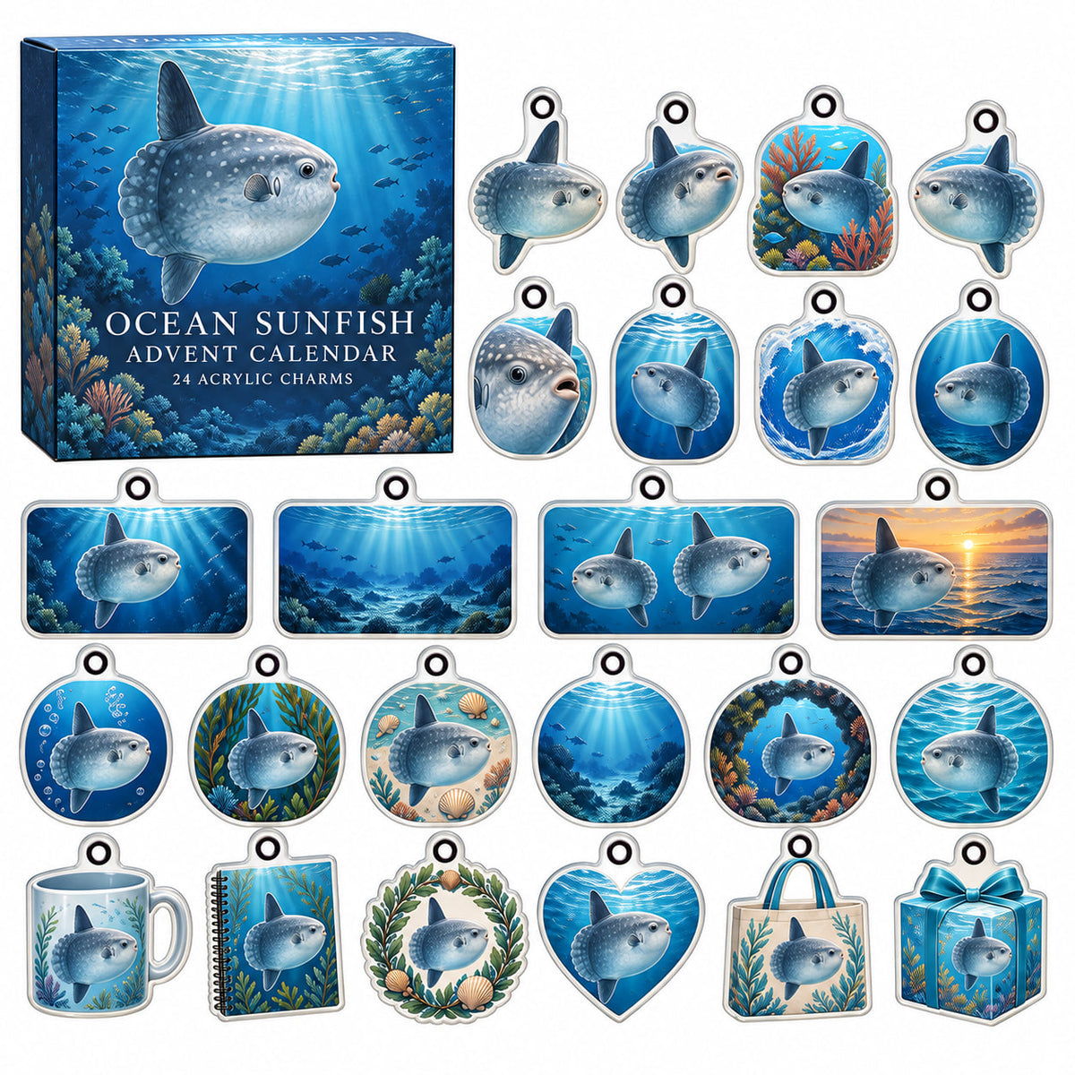 Ocean Sunfish advent calendar box with 24 themed flat printed acrylic charms