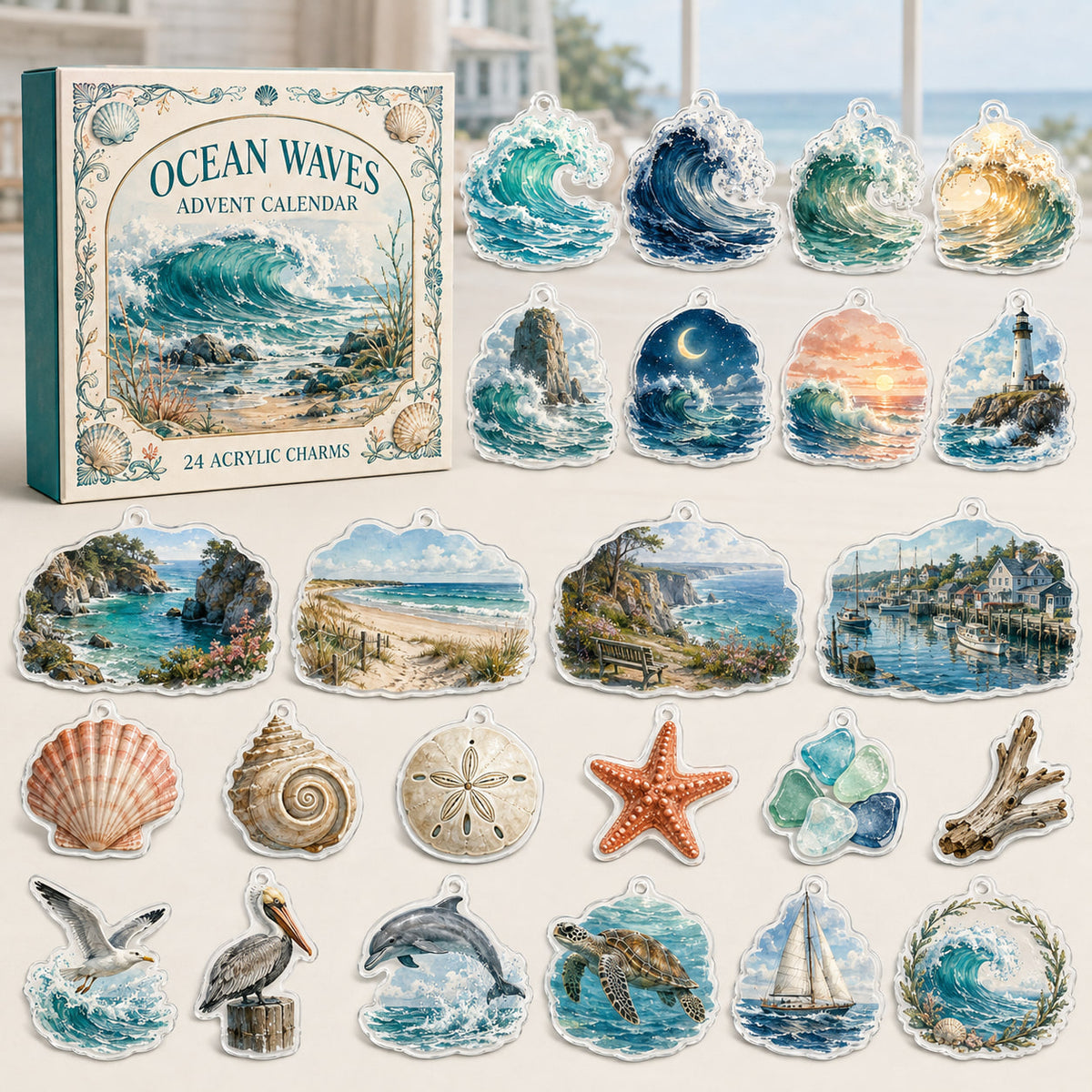 Ocean Waves advent calendar with24 printed acrylic coastal charms