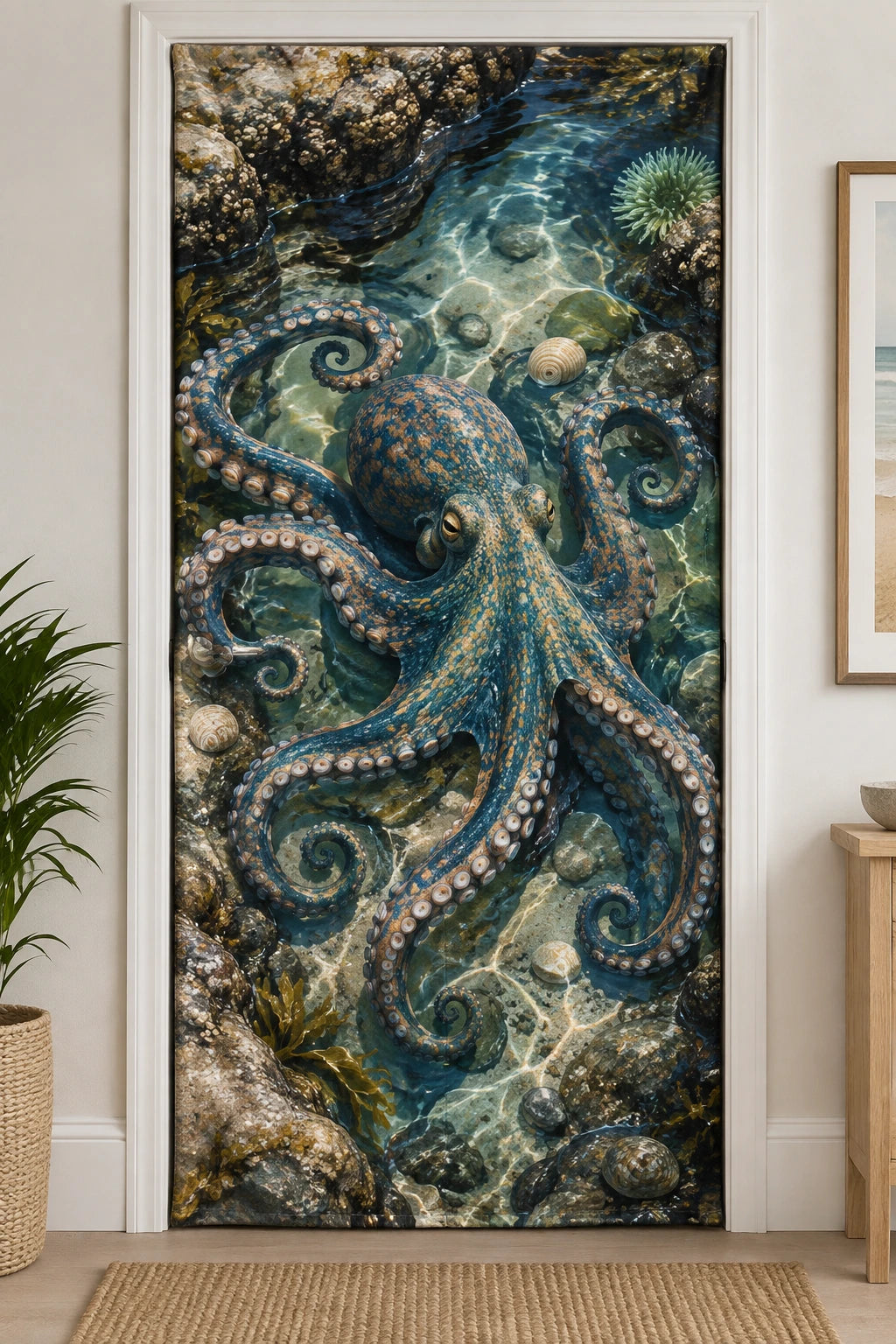Octopus Tidepool Window Fabric Door Cover with printed dimensional artwork