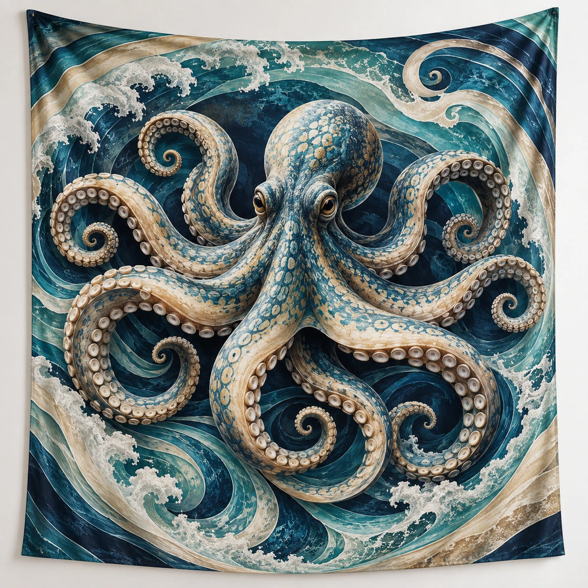 Octopus Wave Portal Wall Tapestry with printed dimensional artwork