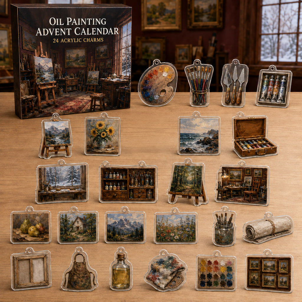 Oil Painting advent calendar box with 24 printed acrylic art charms