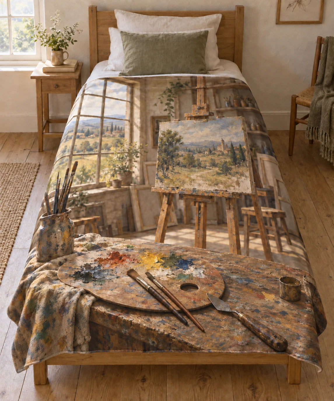 Oil painting studio printed on a flat fleece throw blanket.