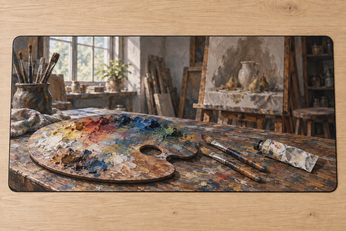 Oil Painting Artist Studio Desk Mat with flat printed palette, brushes and easel depth; art supplies not included.