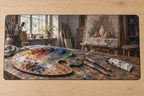 Oil Painting Artist Studio Desk Mat with flat printed palette, brushes and easel depth; art supplies not included.