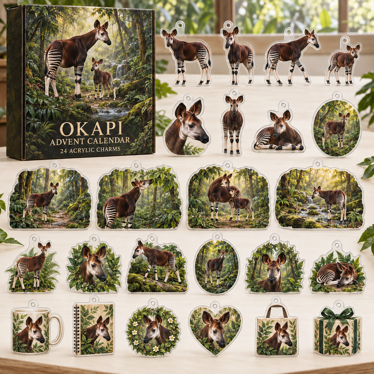 Okapi advent calendar box with 24 themed flat printed acrylic charms