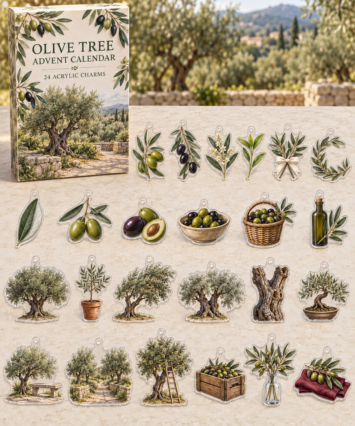 Olive Tree advent calendar with 24 custom-shaped flat acrylic charms and printed dimensional artwork