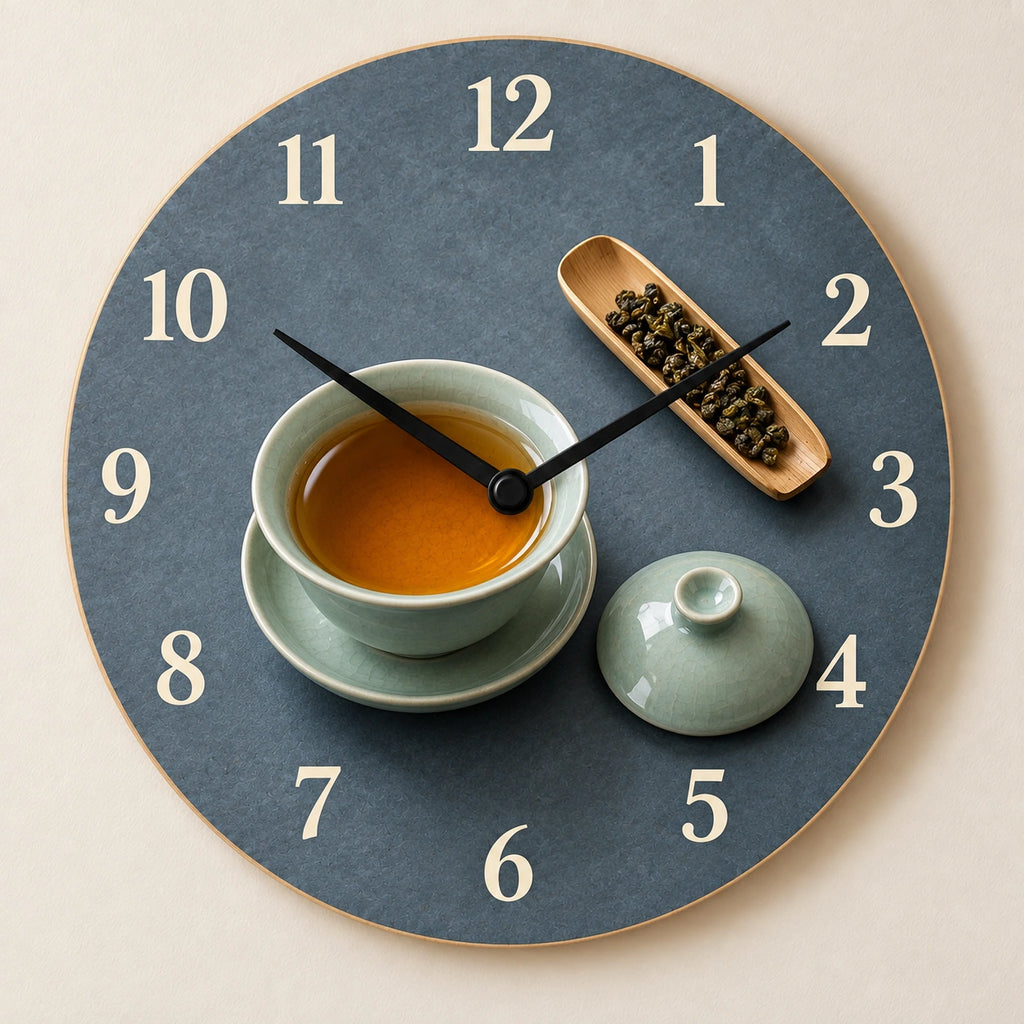 Oolong Tea Celadon Ritual Wooden Wall Clock with printed gaiwan, resting lid and rolled tea leaves