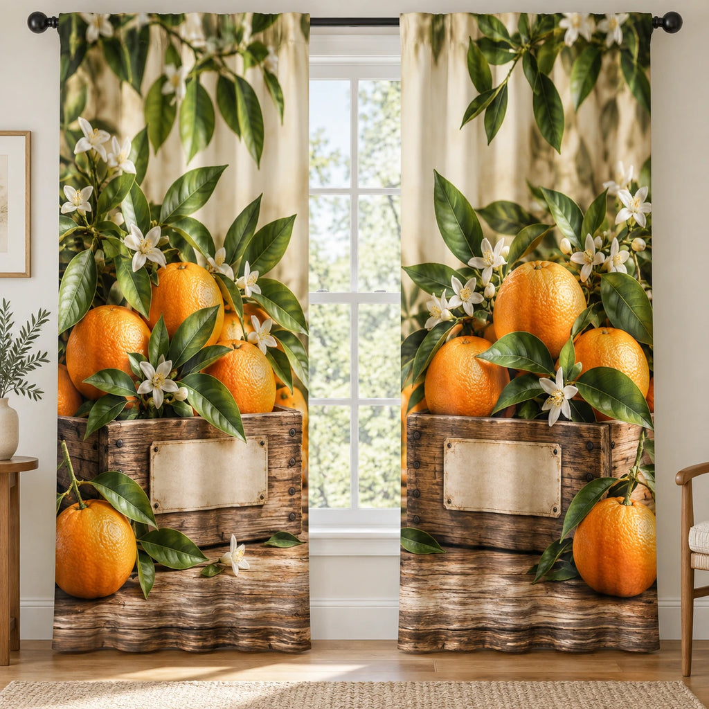 Orange Market Crate Window Curtains with printed dimensional artwork