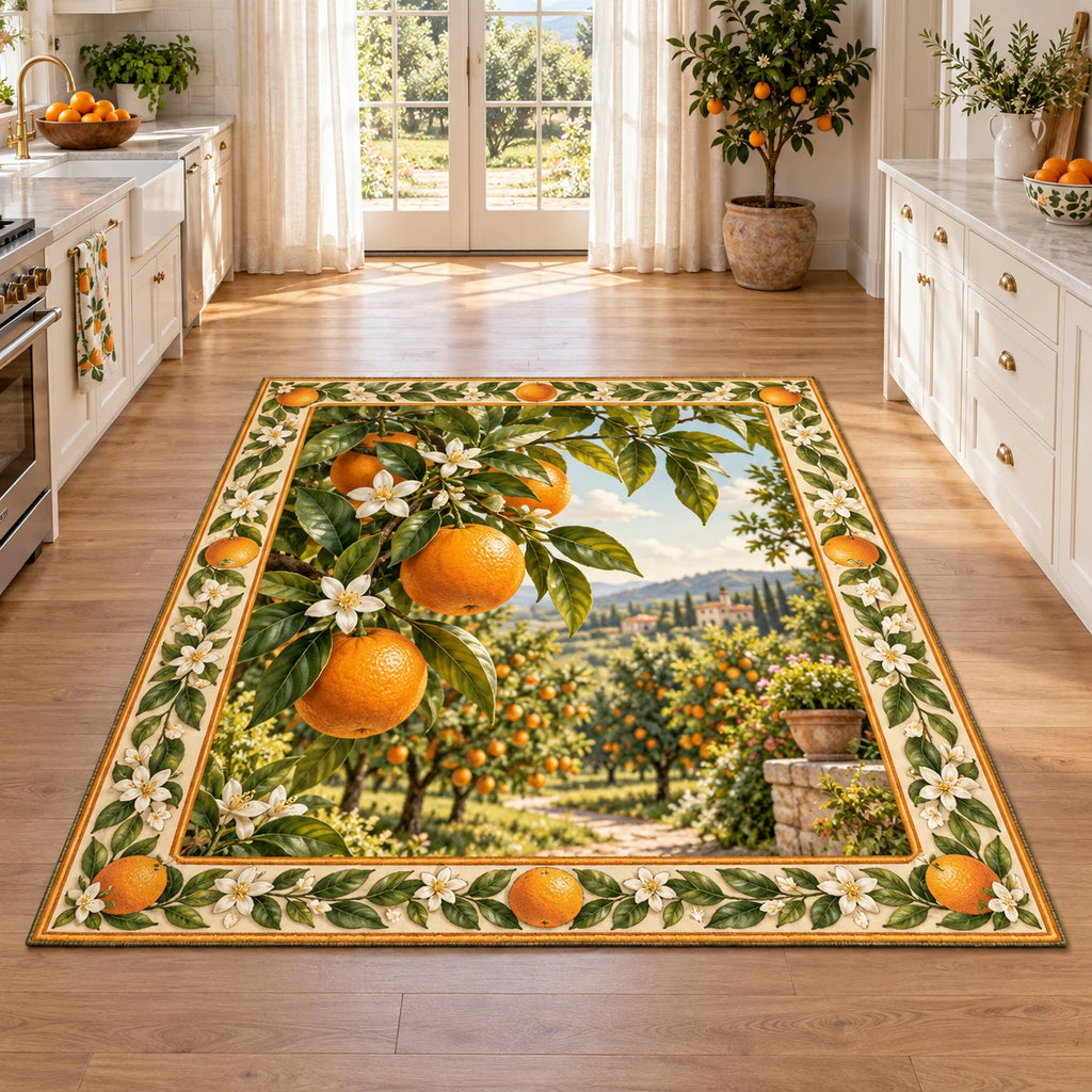 All four corners visible; orange and blossom frame surrounds a sunlit orchard vista.