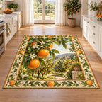 All four corners visible; orange and blossom frame surrounds a sunlit orchard vista.