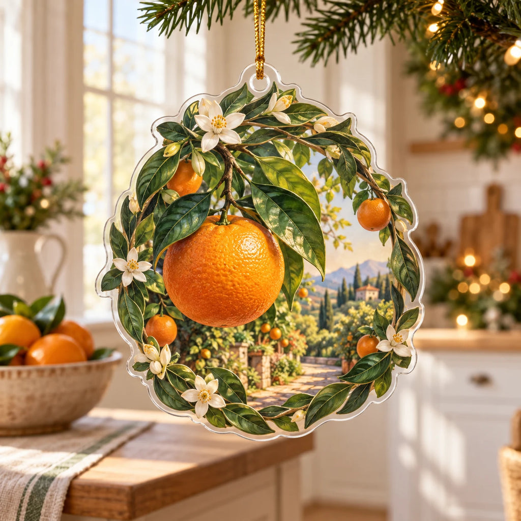 Thin clear rim, supported cord hole, opaque orchard scene with orange blossom and leaf frame.