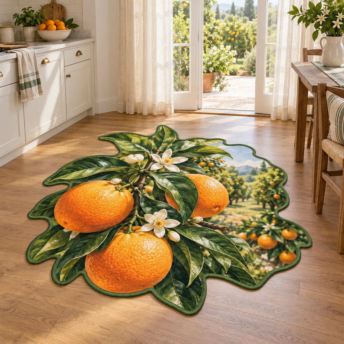 Leaf-shaped irregular outline with green binding; large oranges overlap recessed orchard.
