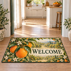 Correct WELCOME text with oranges on the left and orchard behind; entire mat visible.