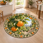 Complete circular outline, citrus blossom ring, oranges on leafy branches and distant orchard path.