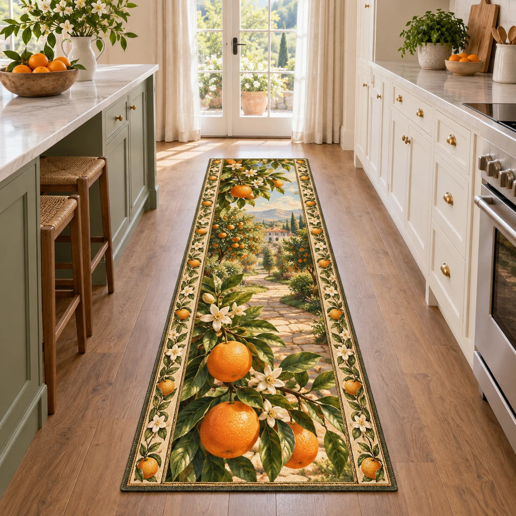 Full long outline; foreground oranges lead along a stone path toward distant orchard buildings.