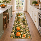 Full long outline; foreground oranges lead along a stone path toward distant orchard buildings.