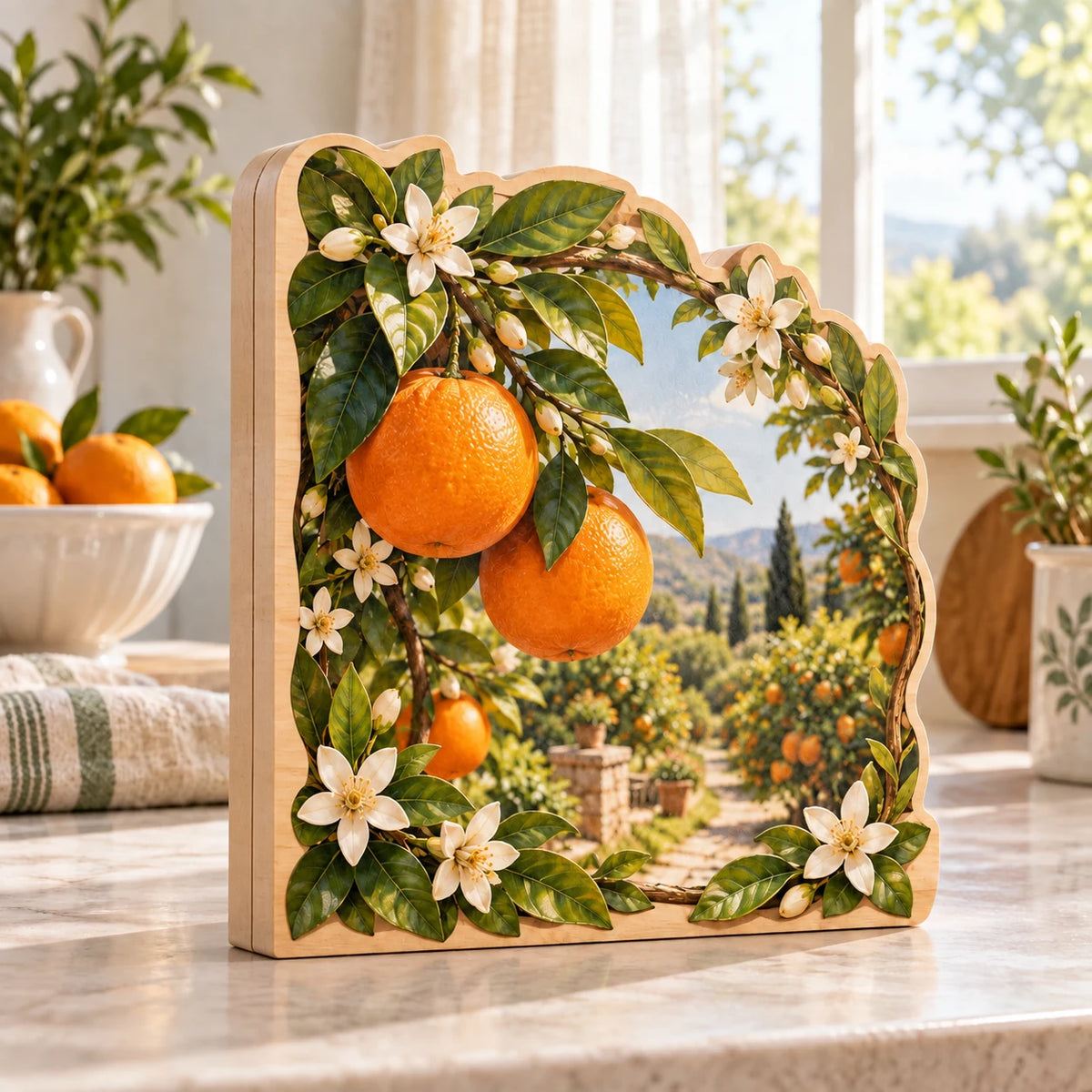 Revised three broad aligned slabs with two joins, flat base and continuous orange orchard print.