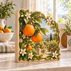 Revised three broad aligned slabs with two joins, flat base and continuous orange orchard print.