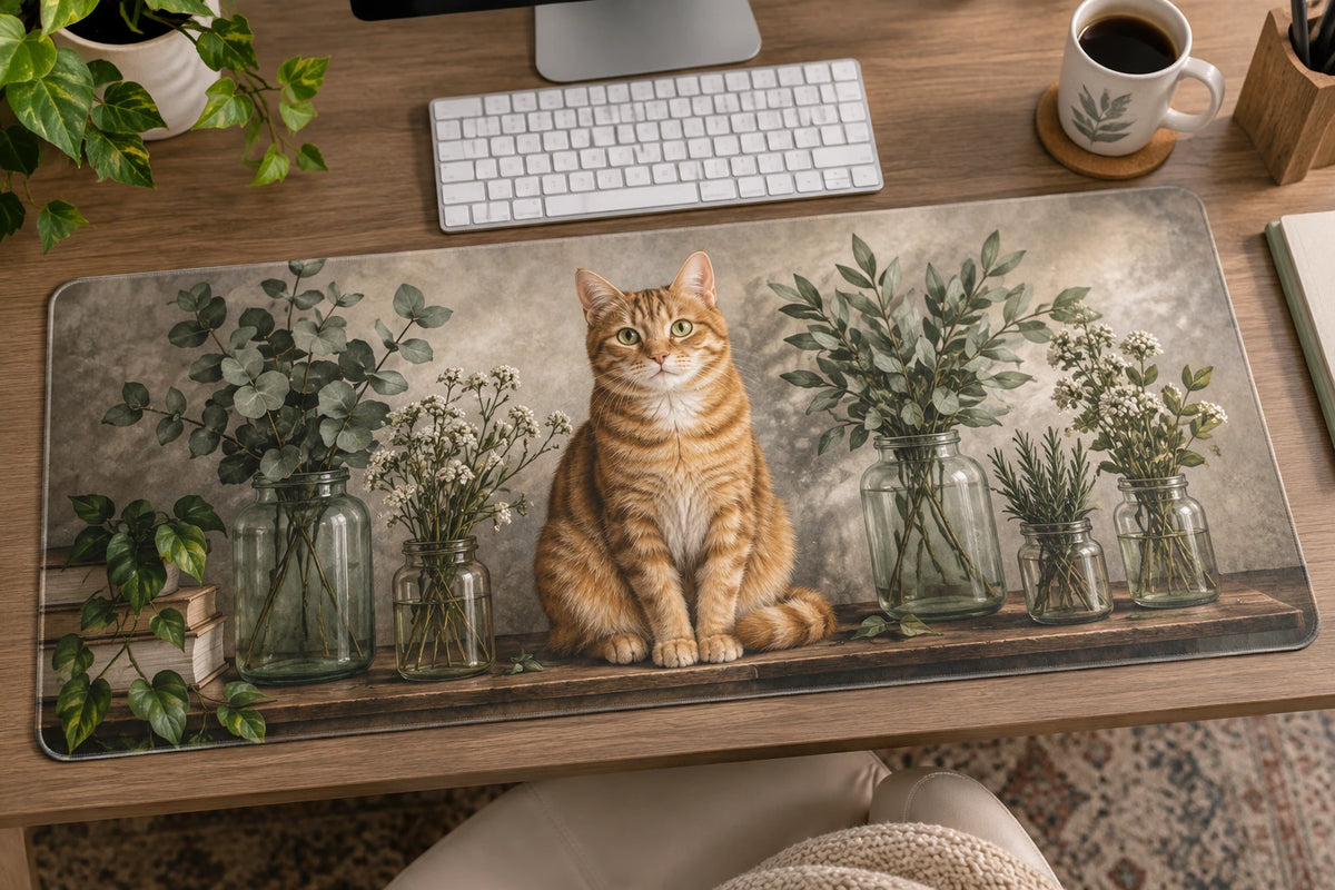 Orange Tabby Apothecary Shelf Desk Mat with printed dimensional artwork