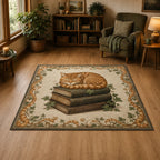 Orange tabby resting on antique books with ivy and coordinated feline border on area rug