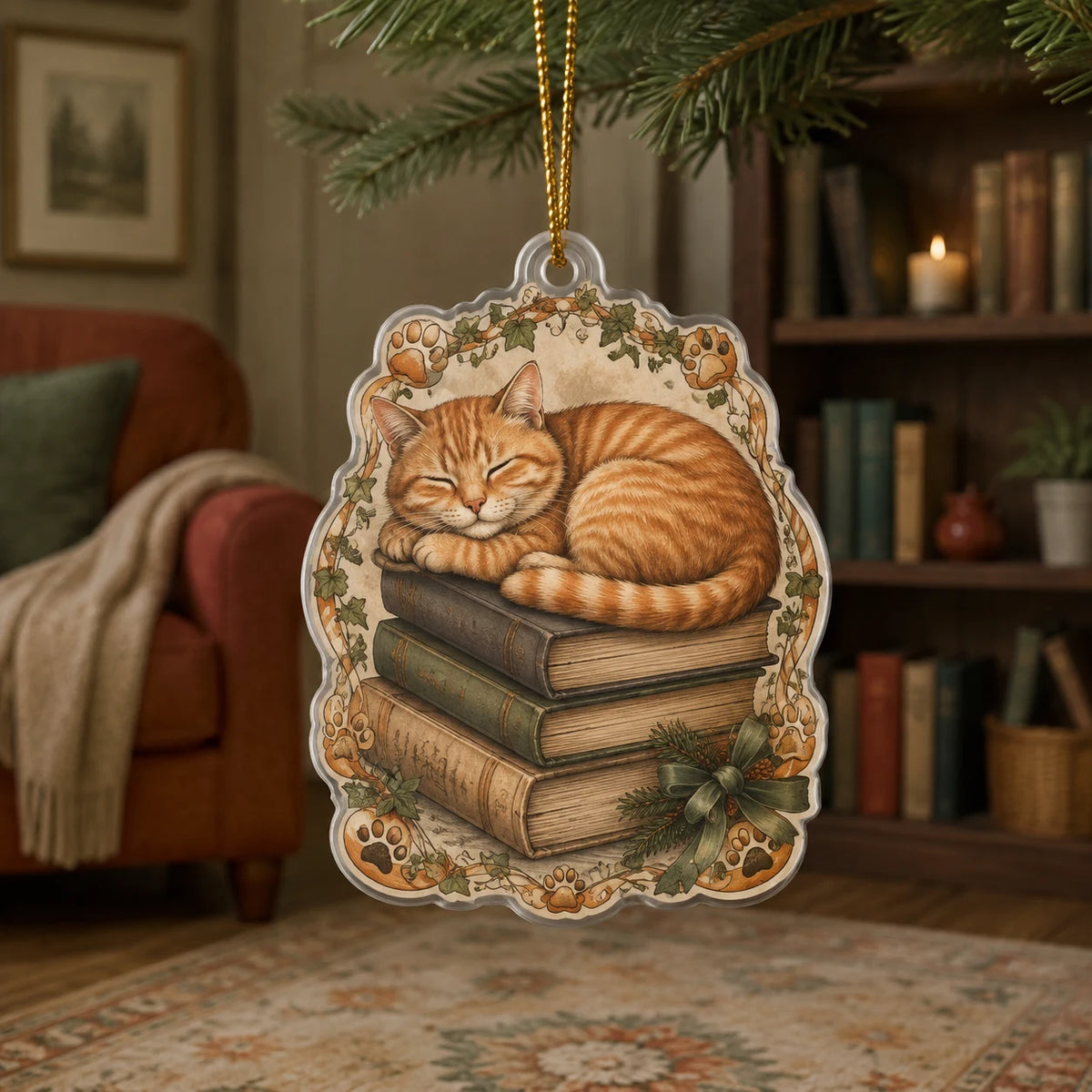 Orange tabby resting on antique books with ivy and coordinated feline border on christmas ornament