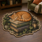 Orange tabby resting on antique books with ivy and coordinated feline border on custom shape area rug