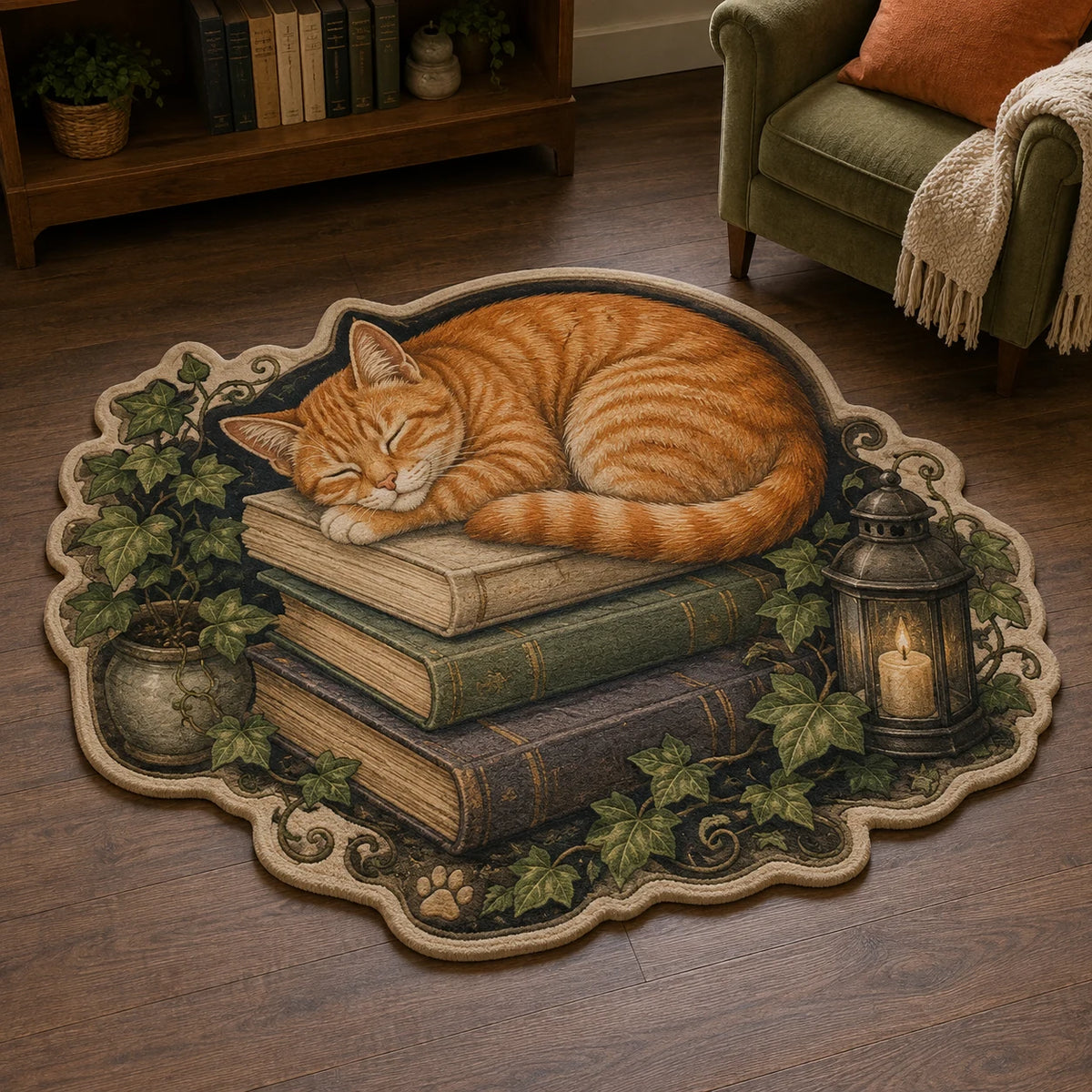 Orange tabby resting on antique books with ivy and coordinated feline border on custom shape area rug