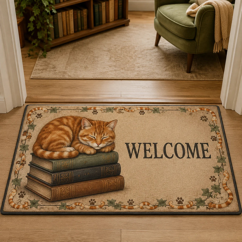 Orange tabby resting on antique books with ivy and coordinated feline border on doormat