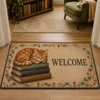 Orange tabby resting on antique books with ivy and coordinated feline border on doormat