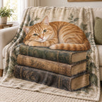 Orange Tabby Book Stack Fleece Blanket with printed dimensional artwork