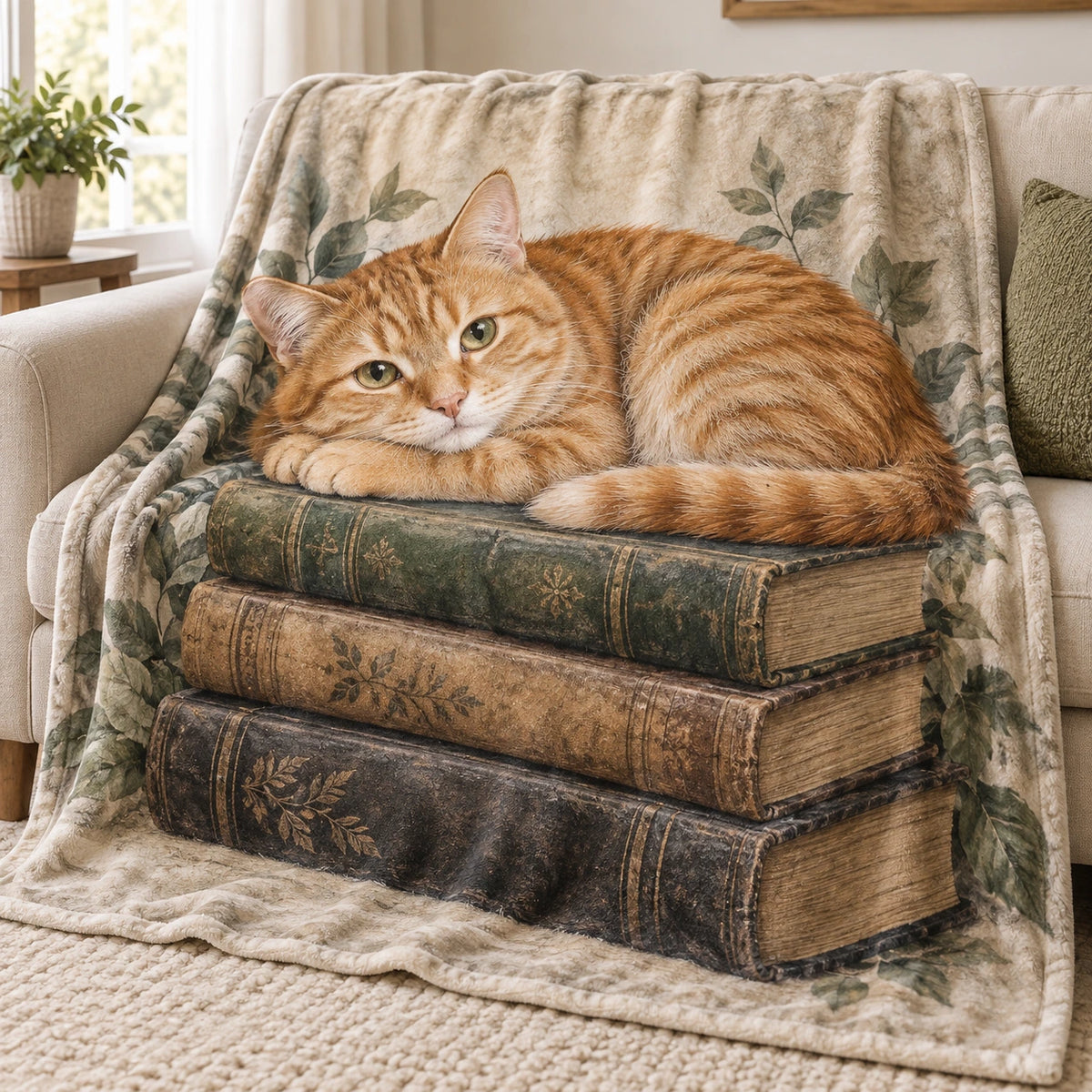Orange Tabby Book Stack Fleece Blanket with printed dimensional artwork