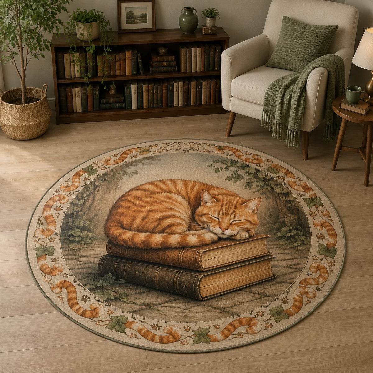 Orange tabby resting on antique books with ivy and coordinated feline border on round mat rug