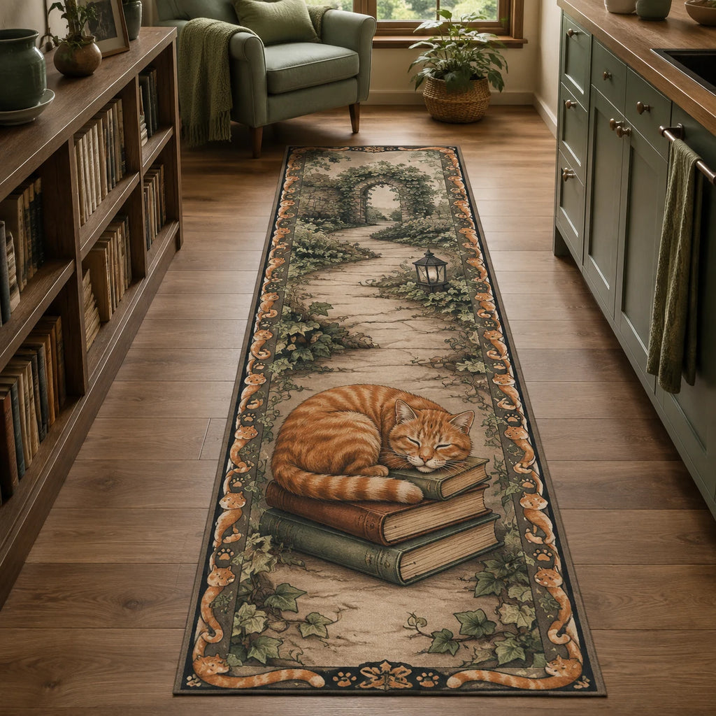 Orange tabby resting on antique books with ivy and coordinated feline border on runner rug