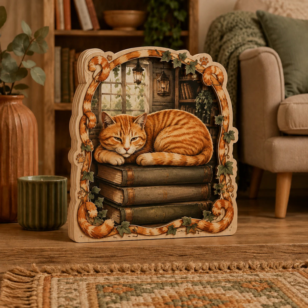 Orange tabby resting on antique books with ivy and coordinated feline border on wooden block 3 layer
