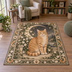 Area Rug showing an orange tabby, ivory crescent and white jasmine in a moon garden with sage ivy and paw motifs.