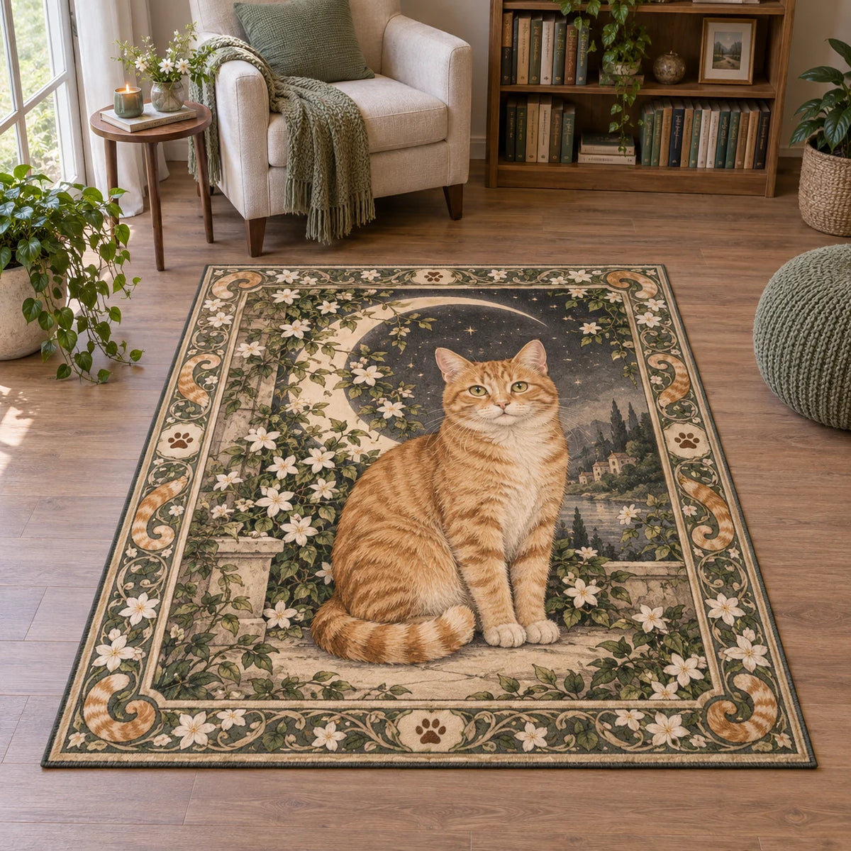 Area Rug showing an orange tabby, ivory crescent and white jasmine in a moon garden with sage ivy and paw motifs.