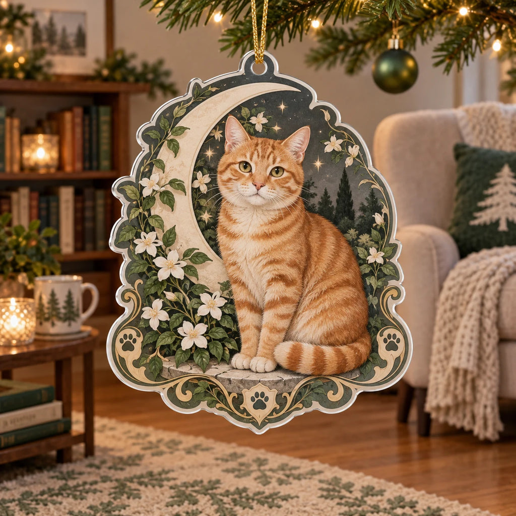 Christmas Ornament showing an orange tabby, ivory crescent and white jasmine with sage foliage in printed 3D detail.