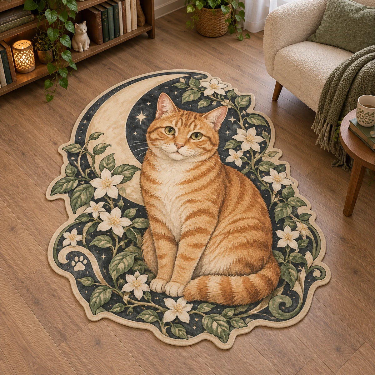 Custom Shape Area Rug showing an orange tabby, ivory crescent and white jasmine with sage foliage in printed 3D detail.