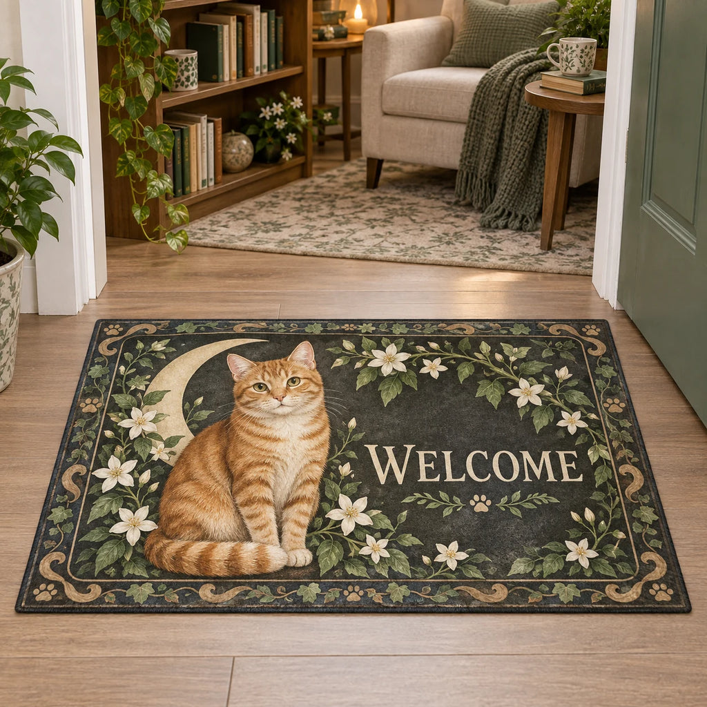 Doormat showing an orange tabby, ivory crescent and white jasmine with sage foliage and Welcome lettering in printed 3D detail.
