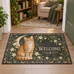 Doormat showing an orange tabby, ivory crescent and white jasmine with sage foliage and Welcome lettering in printed 3D detail.