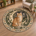 Round Mat Rug showing an orange tabby, ivory crescent and white jasmine in a moon garden with sage ivy and paw motifs.