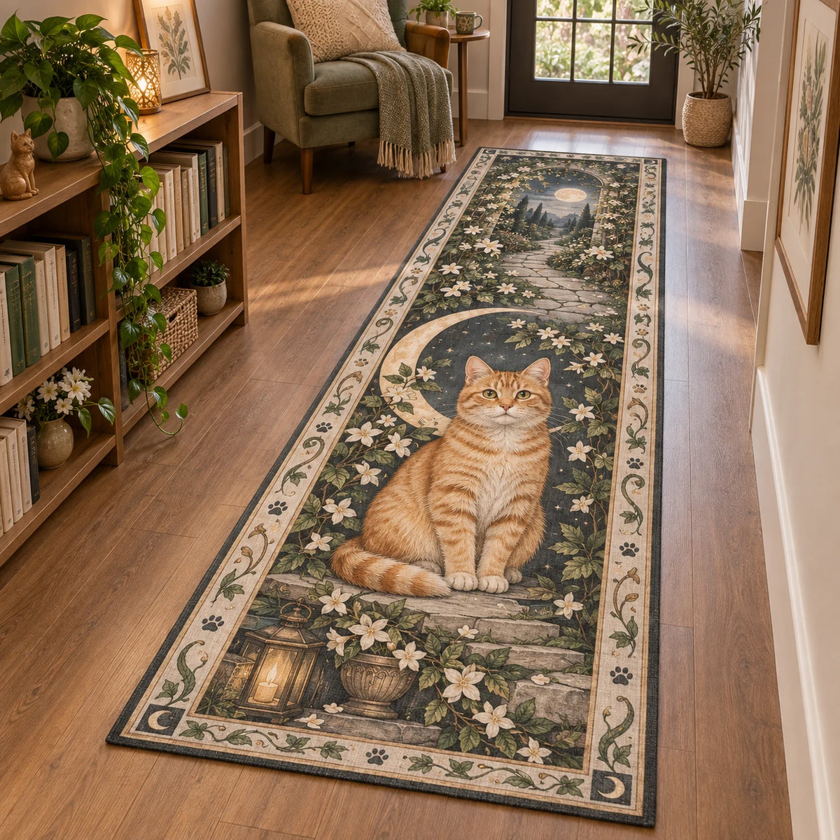 Runner Rug showing an orange tabby, ivory crescent and white jasmine with sage foliage in printed 3D detail.