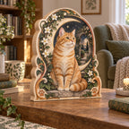 Three-layer wooden block showing orange tabby, crescent moon and climbing white jasmine with sage ivy and paw motifs.