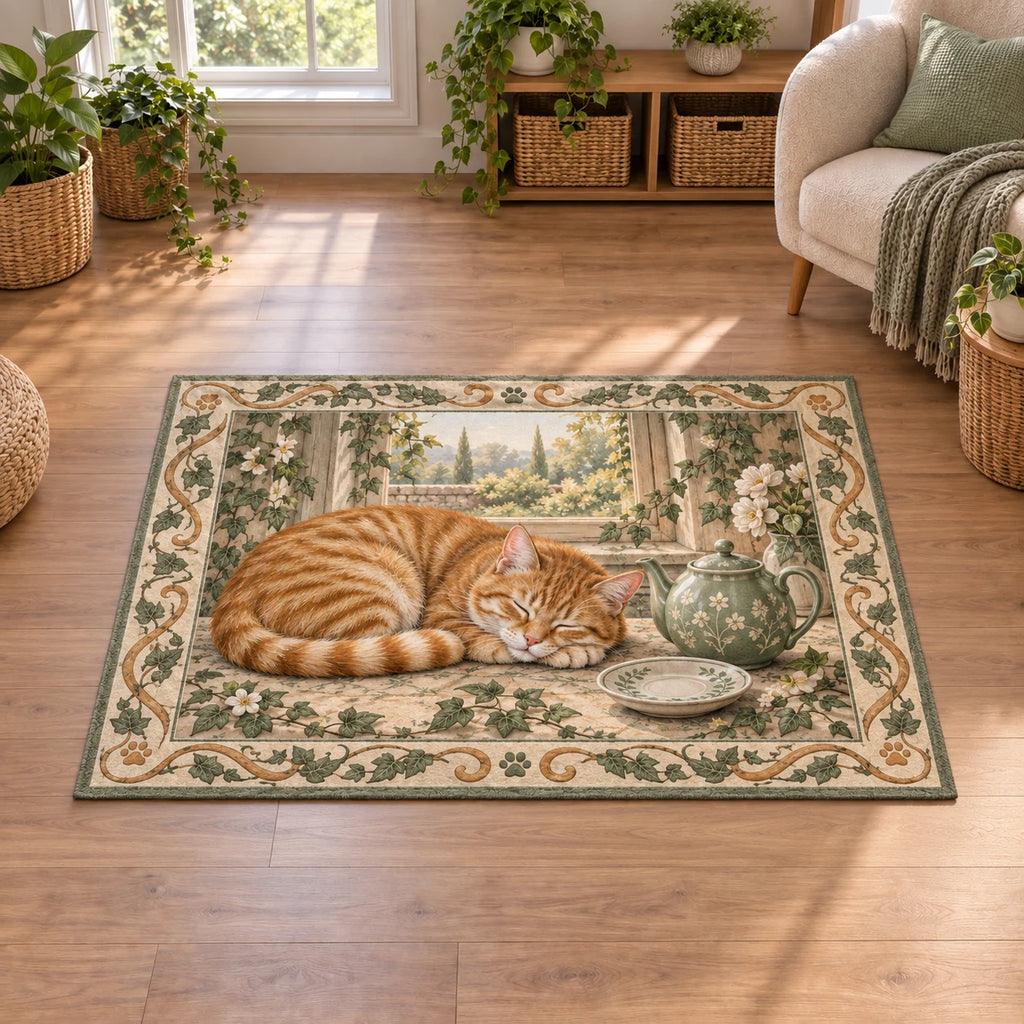 Orange Tabby Teacup Afternoon Area Rug with printed 3D depth in a coordinated sage and linen nook.