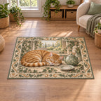 Orange Tabby Teacup Afternoon Area Rug with printed 3D depth in a coordinated sage and linen nook.