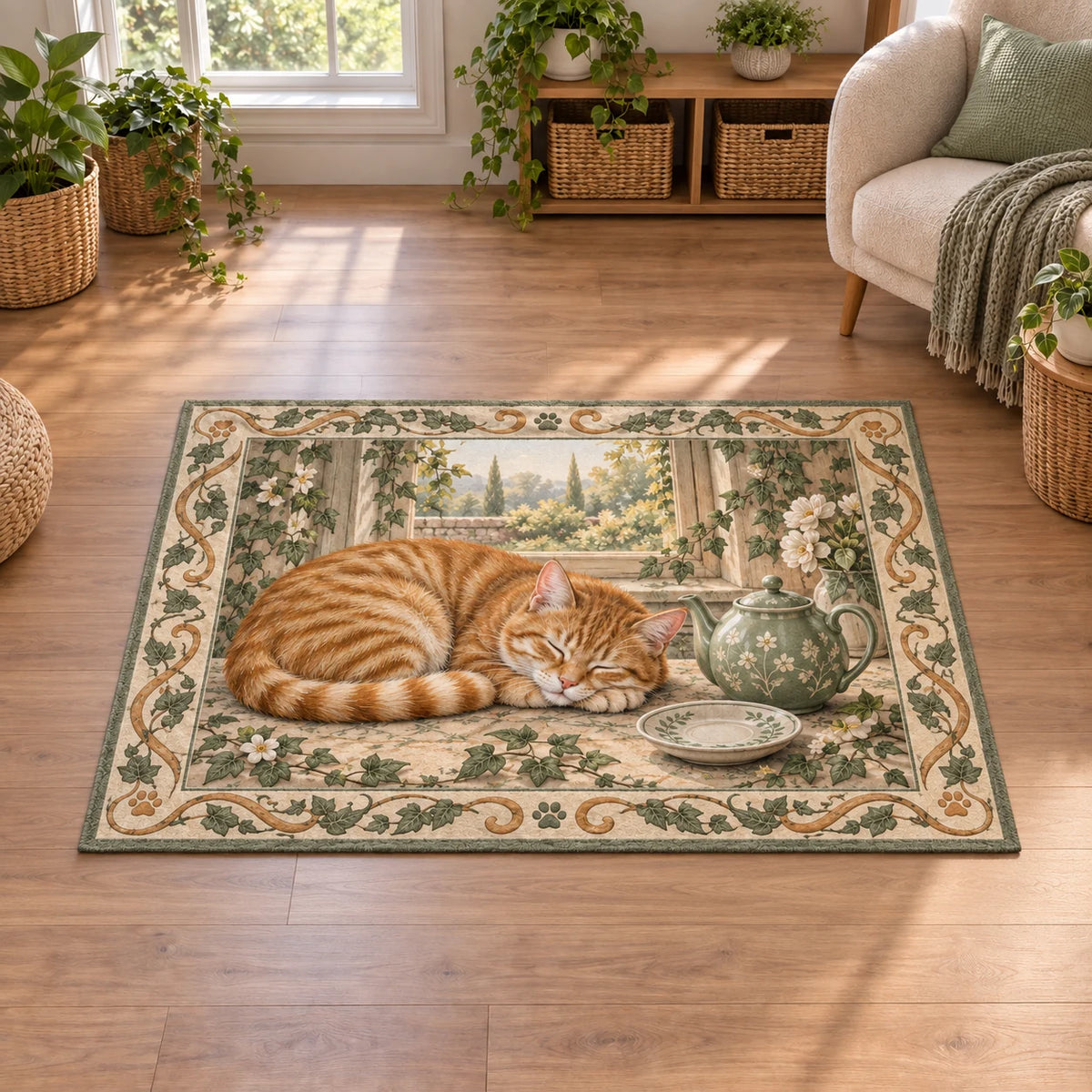 Orange Tabby Teacup Afternoon Area Rug with printed 3D depth in a coordinated sage and linen nook.