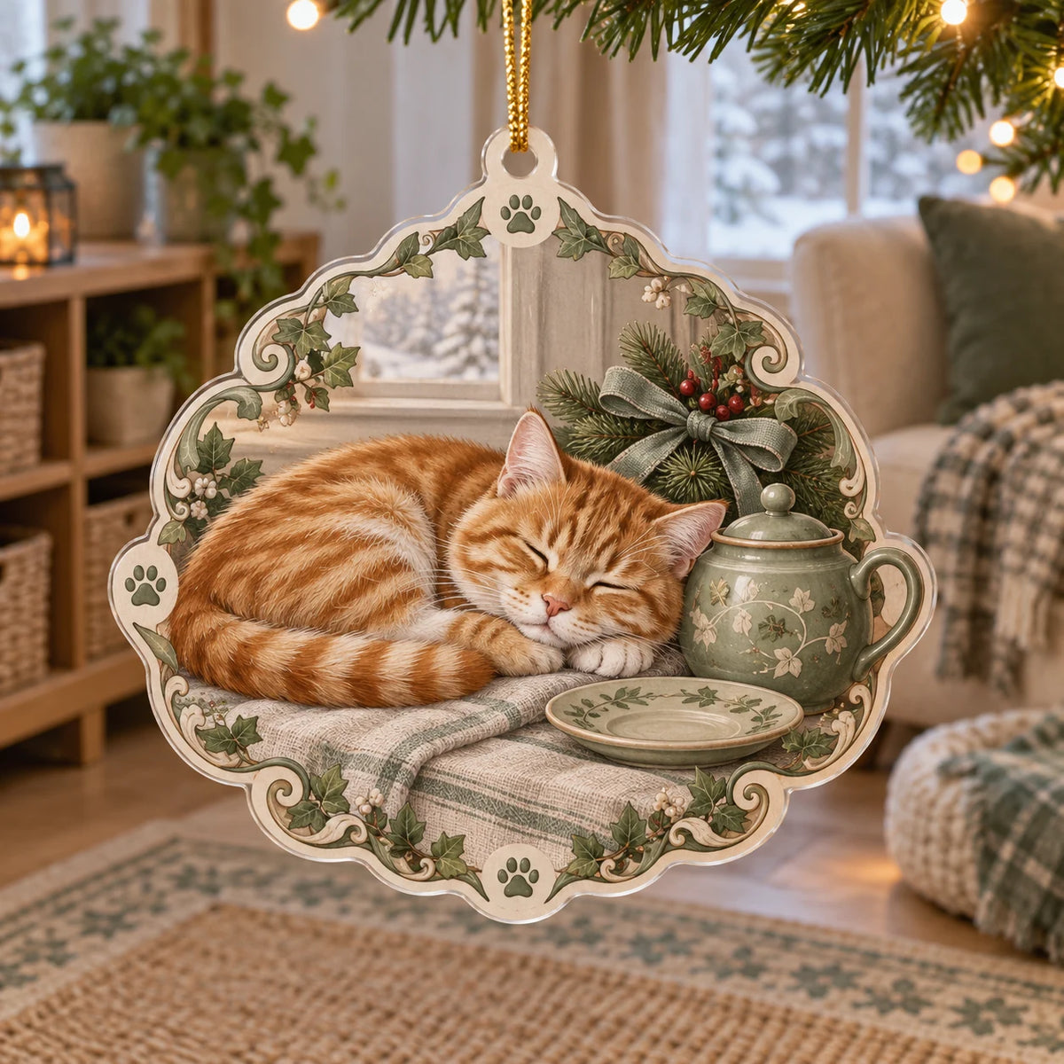 Orange Tabby Teacup Afternoon Christmas Ornament with printed 3D depth in a coordinated sage and linen nook.