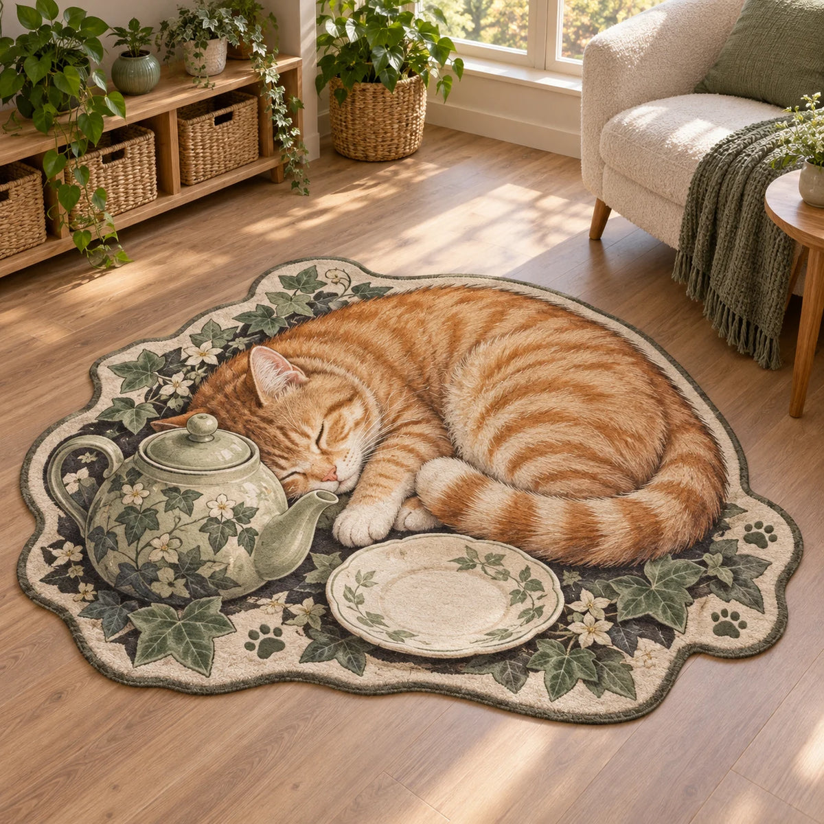 Orange Tabby Teacup Afternoon Custom Shape Area Rug with sleeping cat, sage teapot and ivy border in a cozy room