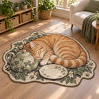 Orange Tabby Teacup Afternoon Custom Shape Area Rug with sleeping cat, sage teapot and ivy border in a cozy room