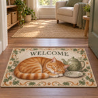 Orange Tabby Teacup Afternoon Doormat with printed 3D depth in a coordinated sage and linen nook.